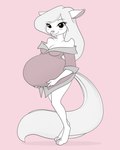 anthro belly big_belly blush breasts cleavage clothed clothing digitigrade dress female fur hair holding_belly looking_at_viewer pink_background pregnant pregnant_female simple_background smile solo riddleaugust animaniacs warner_brothers minerva_mink mammal mink mustelid musteline true_musteline 2013 4:5 hi_res monochrome restricted_palette