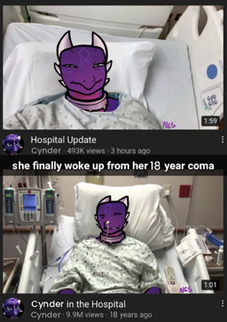 anthro bed dark_humor fake_screencap female furniture hospital hospital_bed humor solo text ncs activision mythology spyro_the_dragon youtube cynder markiplier dragon mythological_creature mythological_scalie scalie english_text hi_res signature