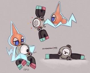 :3 ambiguous_gender blue_body blue_eyes blush cuddling duo electricity grey_body heart_symbol hug index_to_index love magnet null_stimulation onomatopoeia orange_body question_mark raised_foot screw sound_effects spiral spiral_eyes text white_sclera miii_cho nintendo pokemon animate_inanimate generation_1_pokemon generation_4_pokemon magnemite normal_rotom pokemon_(species) rotom colored english_text hi_res shaded