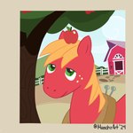 apple barn feral food freckles fruit fur green_eyes looking_up male object_on_head plant plow_yoke red_body red_fur smile solo tree munchzart friendship_is_magic hasbro my_little_pony big_macintosh_(mlp) equid equine horse mammal pony 1:1 absurd_res digital_media_(artwork) hi_res