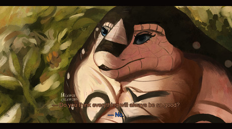 answer anthro blue_eyes blue_text brown_text dialogue eyebrows eyelashes female markings open_mouth plant pupils question question_mark sharp_teeth snake_hood solo talking_to_another teeth text white_sclera white_text leprzil laura_(leprzil) cobra reptile scalie snake 2025 english_text hi_res