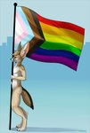 5_fingers anthro athletic athletic_anthro big_ears black_claws blue_background blue_sky city city_background claws digitigrade feet fingers flag flag_(object) fur holding_flag holding_object lgbt_pride looking_aside looking_at_viewer male nude pride_color_flag pride_colors progress_pride_colors simple_background sky solo tail tan_body tan_fur tasteful_nudity toes kikonine canid canine fennec_fox fox mammal true_fox hi_res