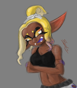 clothing dark_body dark_skin eyelashes female long_ears sharp_teeth teeth topwear slogstin nintendo splatoon frye_(splatoon) aquatic cephalopod humanoid inkling mollusk absurd_res hi_res signature sketch