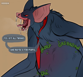 abdominal_bulge anthro belly big_belly black_body black_fur bodily_fluids fangs fur male necktie open_mouth red_eyes rumbling_stomach saliva simple_background solo standing teeth text tongue vore wings roobin dispatch sonar_(dispatch) bat mammal 2025 artist_name english_text hi_res