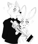 anthro award buckteeth clothed clothing duo female heart_symbol holding_award holding_object holding_oscar_statuette looking_at_viewer male open_mouth open_smile oscar_statuette smile teeth sssonic2 academy_awards disney zootopia judy_hopps nick_wilde canid canine fox lagomorph leporid mammal rabbit red_fox true_fox 2017 absurd_res hi_res monochrome