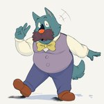 anthro belly blue_body blue_fur bottomwear clothed clothing facial_hair footwear fur gesture hand_gesture looking_at_viewer male mustache necktie overweight overweight_male pants shirt shoes simple_background smile solo suit topwear undershirt v_sign vest white_background effses sherlock_hound_(series) watson_(sherlock_hound) canid canine canis domestic_dog hunting_dog mammal scottish_terrier terrier 1:1 2023 hi_res signature