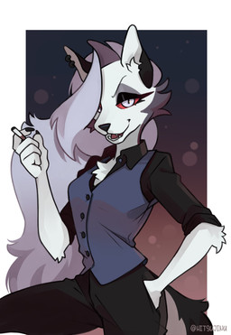 anthro chest_tuft cigarette clothing female fur hair hand_in_pocket long_hair looking_at_viewer notched_ear pockets pupils red_sclera slit_pupils solo topwear tuft vest white_body white_eyes white_fur white_hair hitsujinu hellaverse helluva_boss mythology loona_(helluva_boss) canid canid_demon canine demon hellhound mammal mythological_canine mythological_creature 2023 absurd_res hi_res signature