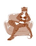 anthro armchair bra chair clothed clothing controller countershade_face countershade_torso countershading feet female fingerless_(marking) fur furniture game_controller gaming hair long_hair markings on_armchair panties partially_clothed playing_video_game sitting smile solo striped_body striped_fur striped_markings striped_tail stripes tail tail_markings text toeless_(marking) underwear thetiedtigress elis_(boxofkittens) felid mammal pantherine tiger monochrome signature url