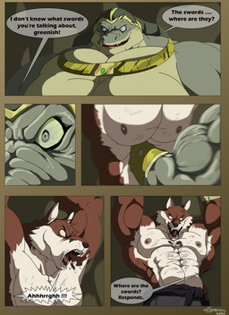 abs anthro armor big_muscles blood bodily_fluids bottomwear bracers clothing coughing_blood dialogue duo fur green_body green_scales headdress huge_muscles male multicolored_body multicolored_fur multicolored_scales muscular muscular_anthro open_mouth pecs punch red_body red_fur scales speech_bubble teeth text two_tone_body two_tone_fur two_tone_scales white_body white_fur wounded xxsparcoxx egyptian_mythology middle_eastern_mythology mythology sobek sobek_(xxsparcoxx) teofacio_larna canid canine crocodile crocodilian fox mammal red_fox reptile scalie true_fox 2020 comic digital_media_(artwork) english_text hi_res