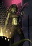 accessory anthro assault_rifle bandage barrel belt bottomwear bra chain-link_fence clothed clothing detailed_background dreadlocks female fence fire gun hair_accessory holding_gun holding_object holding_ranged_weapon holding_weapon leaning midriff military neon_lights one_leg_up pants raised_leg ranged_weapon rifle shirt solo sports_bra standing steyr_aug topwear underwear weapon yellow_eyes wolfy-nail steyr_arms zynn lizard reptile scalie 2016 digital_media_(artwork) hi_res portrait shaded three-quarter_portrait