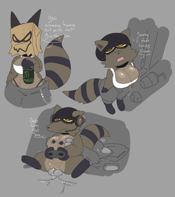 anthro anthro_on_anthro anthro_penetrated anthro_penetrating anthro_penetrating_anthro areola balls_deep beanie bed bedroom_sex beverage_can big_breasts black_areola black_paws bodily_fluids bottomwear breast_fondling breast_play breasts brown_body brown_fur casual_sex choker clothing controller crop_top dialogue distracted distracted_sex electronics emanata eye_bags faceless_anthro faceless_character faceless_male female female_anthro female_focus female_penetrated fluffy fluffy_tail fondling fur furniture genital_fluids grey_background hand_on_breast hat headgear headphones headset headwear holding_object jewelry leaking_vagina looking_up male male/female male_penetrating male_penetrating_female markings multicolored_body multicolored_fur necklace nipple_piercing nipples on_bottom on_lap on_top oversized_bottomwear oversized_clothing oversized_pants pants paper_bag_mask penetration penile penile_penetration piercing pillow raccoon_tail reverse_cowgirl_position sex shirt simple_background sitting sitting_on_another sitting_on_lap size_difference smaller_female spread_legs spreading string_panties striped_markings striped_tail stripes tail tail_markings text topwear trash vaginal vaginal_fluid_string vaginal_fluids vaginal_penetration yellow_eyes snazzle_snapp monster_energy mammal procyonid raccoon 2026 english_text