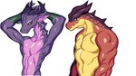 ambiguous_gender anthro duo green_eyes hands_above_head holding_horn horn looking_at_viewer multicolored_body nude pecs purple_body purple_eyes red_body simple_background spikes standing white_background jijis-waifus scalie 16:9 widescreen