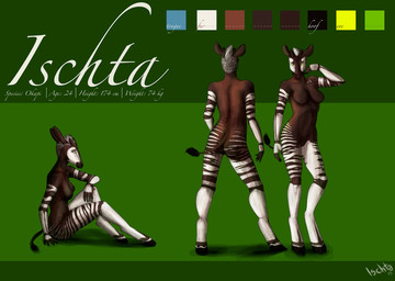 anthro color_swatch female horn multiple_poses nude ossicone pose side_view simple_background solo text ischta ischta_(character) giraffid mammal okapi english_text model_sheet