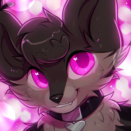 ambiguous_anthro ambiguous_gender anthro black_collar black_nose brown_body brown_ears brown_fur brown_hair cheek_tuft collar facial_tuft fangs front_view fur hair looking_at_viewer pink_eyes short_hair simple_background smile solo teeth tuft bloominglynx species_request 1:1 bust_portrait hi_res icon portrait