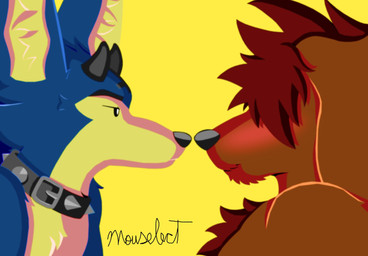 anthro antichrist belt_collar black_collar black_eyebrows black_eyes black_horn black_nose blue_body blue_fur blush brown_body brown_fur chest_tuft chin_tuft collar cross cross_(marking) duo ear_tuft embarrassed eye_contact eyebrows facial_tuft forehead_mark fur hair hair_over_eye hair_over_eyes head_tuft horn inverted_cross looking_at_another male male/male metal_spikes monochrome_body side_view simple_background small_horn spiked_collar spikes stare tuft wearing_collar yellow_background yellow_body yellow_fur mouselect mythology taboro canid canid_demon canine canis demon hellhound mammal mythological_canine mythological_creature wolf digital_drawing_(artwork) digital_media_(artwork) digital_painting_(artwork) hi_res painting_(artwork)