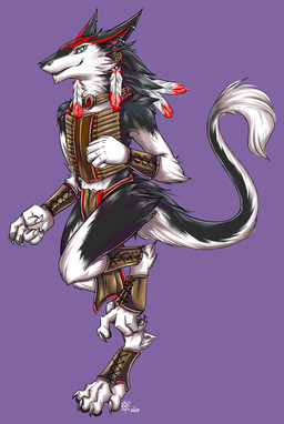 5_fingers anthro black_body black_fur blue_eyes fingers fur male native_american purple_background simple_background smile solo tail white_body white_fur year tzitzimil bersek sergal 2015 absurd_res hi_res restricted_palette