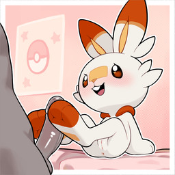 anus blush butt erection feet female foot_fetish foot_play footjob genitals male penis sex smile vulva young gaturo nintendo pokemon generation_8_pokemon lagomorph leporid mammal pokemon_(species) rabbit scorbunny 2026 absurd_res hi_res