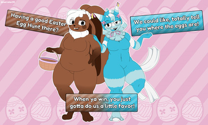 anthro basket big_ears black_eyes blue_body blue_fur braces breasts brown_body brown_fur buckteeth container dialogue digitigrade duo eyelashes eyewear featureless_breasts featureless_crotch female floppy_ears front_view fur glasses gloves_(marking) head_tuft holding_basket holding_container holding_object holidays leg_markings long_ears looking_at_viewer lop_ears markings navel neck_tuft open_mouth overweight overweight_female pattern_background pinata pink_background round_glasses simple_background socks_(marking) striped_background talking_to_viewer teeth text thick_thighs tuft wide_hips thenarrator34 blushcrunch_studio dandy's_world easter cocoa_(dandy's_world) yatta_(dandy's_world) animate_inanimate lagomorph leporid living_pinata mammal rabbit toon_(dandy's_world) english_text hi_res