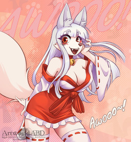 anthro bell bell_collar breasts cleavage clothed clothing collar dress female fur hair legwear open_mouth red_eyes solo tail tan_body tan_fur thigh_highs white_hair abluedeer tamamo-chan's_a_fox tamamo_fushimi canid canine fox mammal hi_res