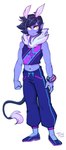 antennae_(anatomy) blue_body blue_skin bottomwear clothing cord crop_top footwear humanoid_pointy_ears male mane midriff navel pants pointy_ears shirt shoes solo sweatpants topwear naughtyjester xarbin alien humanoid hi_res