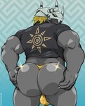 anthro armor biceps big_butt blonde_hair bulge butt clothing hair headgear helmet holding_butt looking_back male muscular muscular_anthro muscular_male shirt solo t-shirt thong topwear underwear tylerstark bandai_namco digimon blackwargreymon digimon_(species) scalie absurd_res hi_res