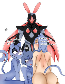 anthro armor bedroom_eyes black_body black_skin blue_body blue_eyes blue_fur blue_hair blue_skin blush breasts butt clone dialogue female flat_chested fur group hair half-closed_eyes harem interspecies kneeling long_ears long_hair long_tail looking_pleasured love male male/female narrowed_eyes nipples pink_body pink_skin romantic romantic_couple seductive short_hair tail text whiskers wings inuyuru cartoon_network the_amazing_world_of_gumball ultraman_(series) hyper_zetton nicole_watterson nicole_watterson_(the_fury) richard_watterson zetton animal_humanoid domestic_cat felid feline felis humanoid hybrid lagomorph leporid mammal monster rabbit english_text hi_res mother_(lore) parent_(lore)