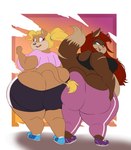 anthro ass_to_ass athletic_wear belly big_breasts big_butt black_bottomwear black_clothing black_shirt black_shorts black_tank_top black_topwear blonde_hair blue_clothing blue_eyes blue_footwear blue_shoes bottomwear bra breasts brown_body brown_fur butt butt_cleavage butt_squish clothing curvy_figure dipstick_tail duo female footwear fur gym_bottomwear gym_shorts hair huge_butt long_hair looking_back markings multicolored_body multicolored_fur overweight overweight_female pants pink_bottomwear pink_clothing pink_eyes pink_pants pink_shirt pink_topwear ponytail purple_clothing purple_footwear purple_shoes rear_view red_hair shirt shoes shorts sneakers sports_bra squish t-shirt tail tail_markings tan_body tan_fur tank_top thick_thighs tight_clothing topwear two_tone_body two_tone_fur underwear voluptuous wardrobe_malfunction yoga_pants goblinhordestudios lisa_(goblinhordestudios) sabrina_(thunderkid92) domestic_cat felid feline felis lion mammal pantherine 2022 absurd_res hi_res