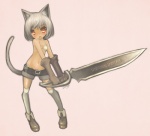 absolute_territory belt bikini blush bottomwear cat_tail clothed clothing fangs female flat_chested gloves grey_hair hair handwear holding_melee_weapon holding_object holding_sword holding_weapon legwear melee_weapon navel open_mouth red_eyes short_hair shorts side-tie_bikini simple_background skimpy solo string_bikini swimwear sword teeth thigh_highs tight_clothing two-piece_swimsuit weapon white_background white_clothing white_legwear miyamae_porin animal_humanoid cat_humanoid domestic_cat felid felid_humanoid feline feline_humanoid felis humanoid mammal mammal_humanoid