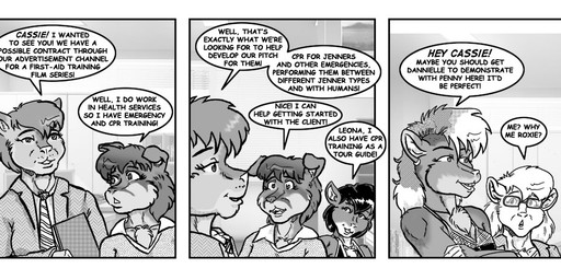 anthro cheek_tuft chest_tuft clothed clothed_anthro clothed_female clothing dialogue ear_piercing ear_ring facial_tuft female group piercing ring_piercing text tuft style_wager brave_new_world_(style_wager) leona_pryde penny_pound roxi_ratt canid canine canis domestic_dog felid lion mammal mouse murid murine pantherine rat rodent comic english_text greyscale monochrome