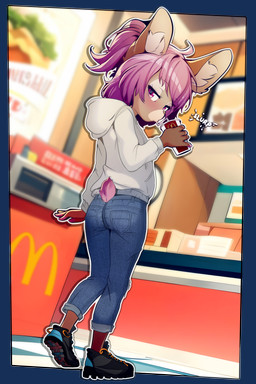 5_fingers anthro biped blue_bottomwear blue_clothing blue_jeans blue_pants bottomwear clothed clothing container cup denim denim_bottomwear denim_clothing detailed_background drinking drinking_straw eyebrows eyelashes fast_food_restaurant female fingers footwear fully_clothed fur hair holding_container holding_cup holding_object hoodie humanoid_hands inner_ear_fluff jeans logo looking_at_viewer looking_back looking_back_at_viewer medium_hair nub_tail pants plantigrade puckered_lips restaurant shoes slim slim_anthro slim_female sneakers solo topwear tuft young young_anthro young_female ai_assisted ai_generated_background sicmop mcdonald's henryka_(hendric) domestic_rabbit dwarf_rabbit lagomorph leporid mammal oryctolagus rabbit 2024 2:3 absurd_res alpha_channel digital_media_(artwork) hi_res