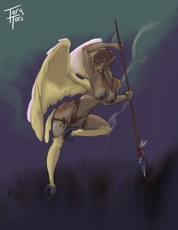 abstract_background bikini_thong black_eyes blush breasts brown_hair clothing fantasy feathered_wings feathers feet female flying hair lingerie melee_weapon monster_girl_(genre) polearm sagging_breasts skinny skinny_female spear squish swimwear tail tail_feathers talons thigh_squish thong toes underwear weapon wings teratori european_mythology greek_mythology mythology avian harpy mythological_avian mythological_creature hi_res