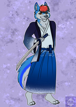 anthro asian_clothing blue_clothing clothing east_asian_clothing holding_melee_weapon holding_object holding_sword holding_weapon japanese_clothing kimono male melee_weapon robe sash solo sword weapon arwenscoots conditional_dnp canid canine canis domestic_dog husky mammal nordic_sled_dog spitz hi_res