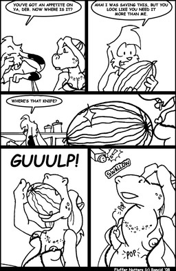 anthro belly belly_expansion bra breasts cleavage clothed clothing duo eating expansion female food freckles fruit inflation male melon neck_bulge nipples plant text topless underwear watermelon rancid common_hippopotamus hippopotamid lagomorph leporid mammal rabbit 2008 comic english_text monochrome