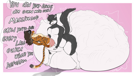 anthro balls big_balls big_butt big_penis bodily_fluids bone bones_in_balls butt cock_vore duo erection fur genital_fluids genitals hair huge_balls huge_penis hyper hyper_balls hyper_genitalia hyper_penis male male/male mass_vore nude open_mouth overweight overweight_male penile penis simple_background skull skull_imprint smile tail text thick_thighs vore wide_hips theember canid canine canis felid mammal pantherine tiger wolf hi_res