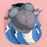 anthro belly big_belly big_breasts blue_eyes blue_scale body_inflation breasts expansion female forked_tongue genitals grey_body grey_nipples huge_belly huge_breasts hyper hyper_belly hyper_breasts inflation nipples nude pussy serpentine simple_background soda_bottle solo tongue xeddo reptile scalie snake absurd_res hi_res