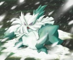 ambiguous_gender outside plant purple_eyes snow solo keckle nintendo pokemon abomasnow elemental_creature flora_fauna generation_4_pokemon pokemon_(species)