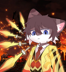 brown_body brown_fur brown_hair fire fur hair male male/male purple_eyes solo f_macon lobotomy_corporation project_moon felid feline humanoid mammal hi_res