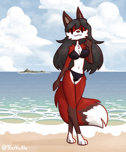 anthro beach bikini breasts cleavage clothed clothing cloud female hair navel sea sky solo swimwear two-piece_swimsuit water rafvicalv canid canine fox mammal 5:6 absurd_res hi_res