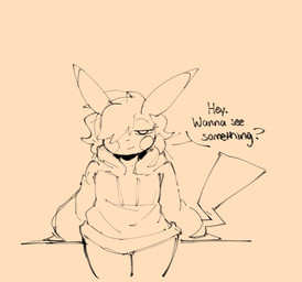 anthro biped black_text bottomless cheek_spots closed_smile clothed clothing dialogue eyebrows eyelashes hair hair_over_eye hoodie male mouth_closed one_eye_obstructed question question_mark smile solo speech_bubble tail talking_to_viewer text topwear cofficremer nintendo pokemon blu_(lazy_blu) generation_1_pokemon pikachu pokemon_(species) 2025 english_text