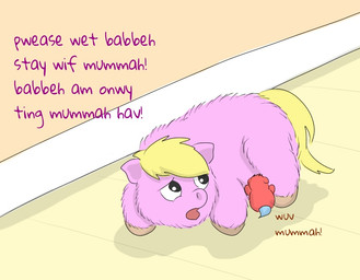 ambiguous_feral ambiguous_gender baby_talk black_eyes blonde_hair blue_tail color_coded_text dialogue duo feral fur hair hooves hug looking_back narrowed_eyes neonate open_mouth pink_body pink_fur red_body red_fur tail text yellow_tail young young_ambiguous young_feral carpdime fluffy_pony fluffy_pony_(species) mammal digital_media_(artwork) english_text shaded