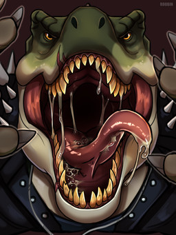 anthro black_clothing black_jacket black_topwear bodily_fluids brown_background clothed clothing drooling front_view green_body jacket jewelry looking_at_viewer male male_anthro mouth_shot narrowed_eyes necklace open_mouth orange_eyes red_tongue saliva saliva_on_tongue saliva_string sharp_teeth simple_background solo spiked_jacket teeth text tongue tongue_out topwear white_body roobin dinosaur prehistoric_species reptile scalie artist_name hi_res