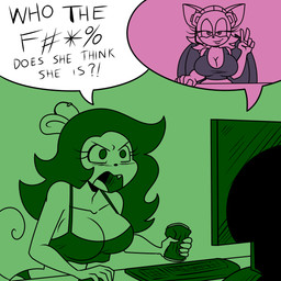 angry anthro big_breasts breasts cleavage clothed clothing computer dialogue duo electronics female gesture hand_gesture livestream shirt snaggle_tooth tank_top text topwear v_sign frostbiteboi cartoon_network ok_k.o.!_let's_be_heroes sega sonic_the_hedgehog_(series) adult_fink fink_(ok_k.o.!_lbh) rouge_the_bat bat mammal murid murine rat rodent 1:1 2020 english_text hi_res