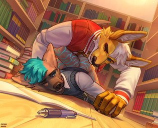 anal anthro ass_up book bookshelf bottomwear bottomwear_down bullying clothed clothing duo eye_contact fingers forced fur furniture hair heterochromia jacket jock letterman_jacket library looking_at_another looking_back looking_down male male/male nerd pants pants_down partially_clothed pen pinned pinned_arms pinned_to_ground public punishment questionable_consent sex topwear writing_utensil poofroom hybrid hyena kangaroo macropod mammal marsupial mustelid otter 2023 digital_media_(artwork) hi_res