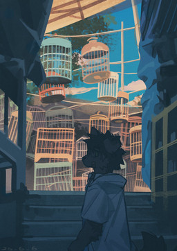 anthro band-aid bandage blue_sky cage clothed clothing cloud eyewear fur glasses hair short_sleeves side_view sky snout solo tail topwear wearing_glasses ganezu 2026 digital_media_(artwork) hi_res