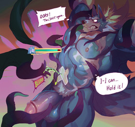 ambiguous_fluids anthro balls bandage barazoku big_muscles big_penis blue_balls blue_body blue_fur bodily_fluids duo fur gameplay_mechanics genitals gui health_bar humanoid_genitalia humanoid_penis male muscular muscular_anthro muscular_male navel_bandage nipples penis raised_arms restrained restrained_by_tentacles sharp_teeth sweat teeth tentacles text thought_bubble user_interface v-cut white_body white_fur null-ghost capcom darkstalkers mythology jon_talbain canid canine mammal mythological_canine mythological_creature tentacle_creature werecanid werecanine werecreature werewolf 2024 alternate_version_at_source digital_media_(artwork) english_text