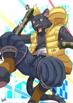 action_pose anthro black_body clothing holding_object holding_weapon jumping looking_at_viewer male pecs pose simple_background smile solo tail topwear vest weapon knoll-noru cygames world_flipper claw_(world_flipper) felid mammal pantherine hi_res