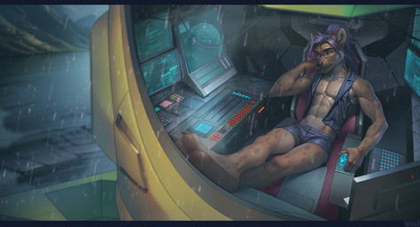 abs anthro biceps bottomwear clothed clothing electronics eyewear feet fingers fur glasses hair half-closed_eyes jacket looking_at_viewer male muscular muscular_anthro muscular_male narrowed_eyes open_clothing open_jacket open_topwear pawpads pecs raining shorts solo spots toes topwear wearing_glasses seanwaald hyena mammal spotted_hyena digital_media_(artwork) letterbox