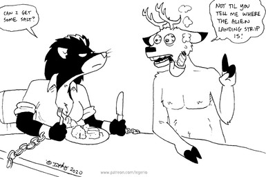 anthro antlers bound breasts cleavage clothed clothing cutlery duo female food fork horn kitchen_utensils knife male smoking substance_intoxication text tools tegerio zandar's_saga catherine_o'daisies deer mammal mephitid skunk english_text greyscale monochrome