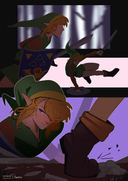 blonde_hair blue_eyes boots clothed clothing eyebrows faceless_character faceless_male footwear forest hair male melee_weapon mouth_closed not_furry plant pupils rock running shield shoes side_view solo sword tree weapon twang nintendo the_legend_of_zelda link humanoid comic hi_res