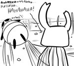 2_horns black_arms black_legs black_text cloak clothing duo ellipsis exclamation_point horn laugh motion_lines outside sound_effects text white_head skeletorskeletonized hollow_knight team_cherry zote_(hollow_knight) arthropod 2020 digital_media_(artwork) english_text monochrome male_(lore)